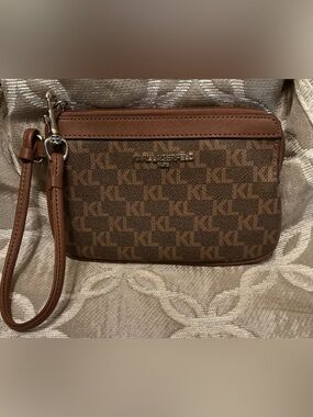 Karl Lagerfeld Paris Tan Monogram Wristlet Wallet Pouch Classic